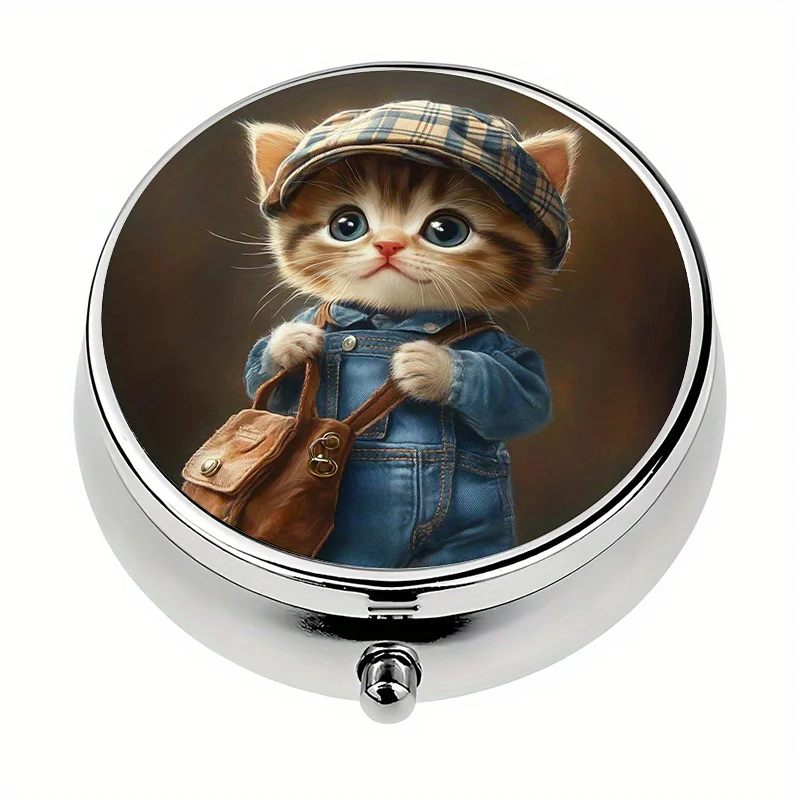 Single pack, wallet-style pill organizer with 3 compartments, stylish cat-themed travel portable wallet pill case, compact daily pill organizer, perfect for travel and storing vitamins