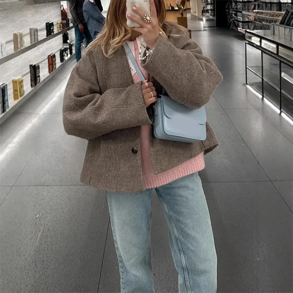 Chic Einreiher V-ausschnitt Übergroßen Jacken frauen Fashion Solid Langarm Warme Woolen Mäntel 2024 Dame Casual Streetwear