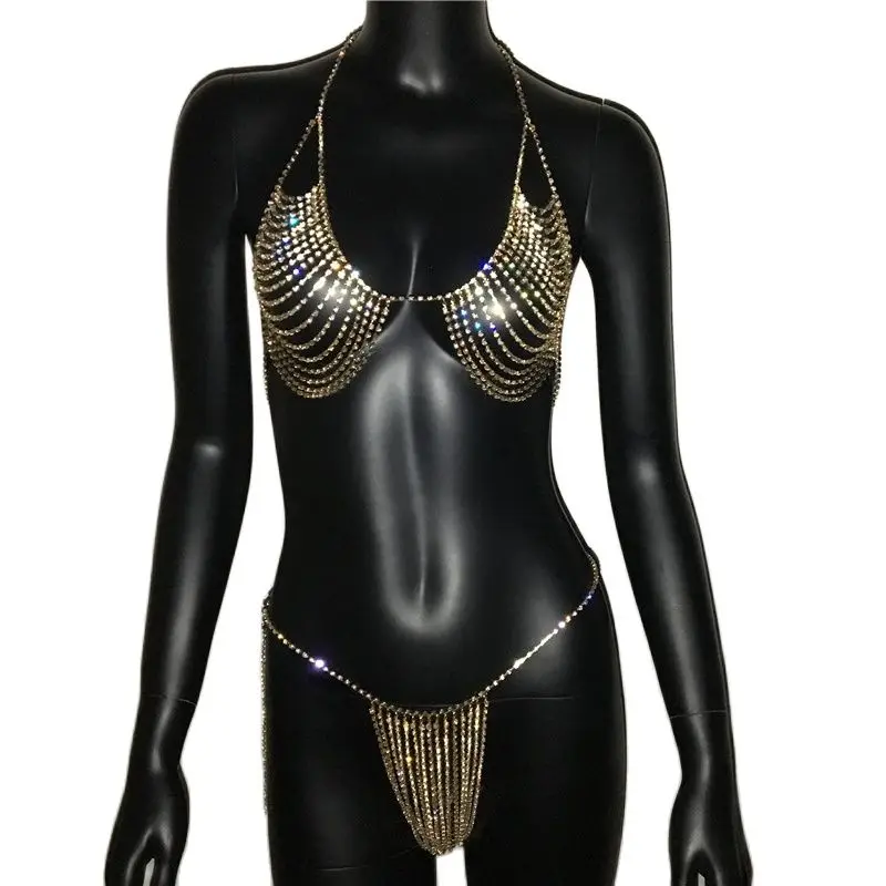 Shiny Rhinestones Bikini Set Women Sexy Halter Bra Thong Panty Outfits Summer Beach Bathing Suit Body Chain Crystal Swimsuit