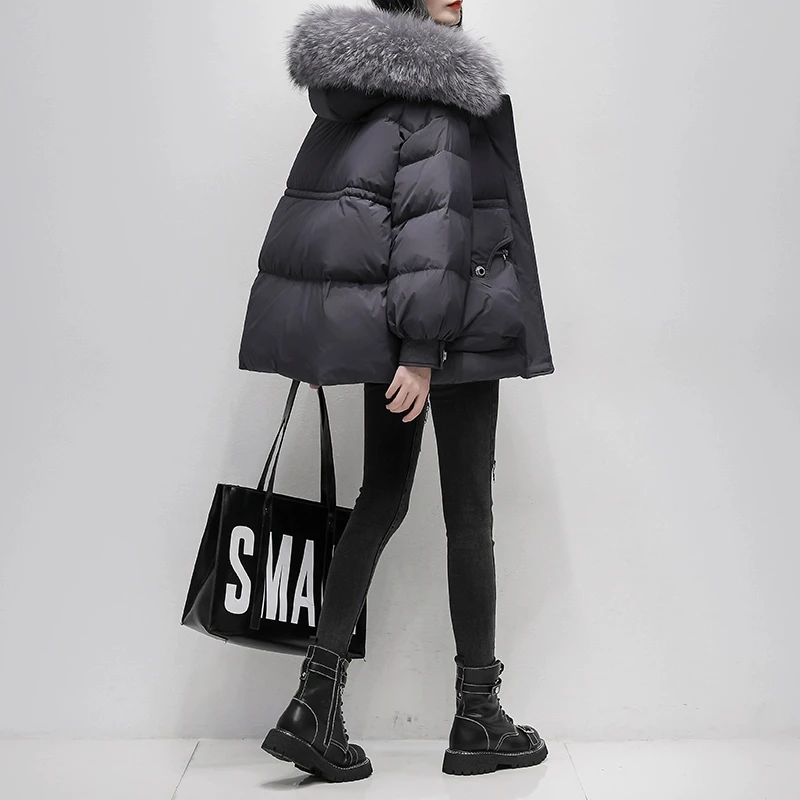 White Short Down Jacket For women Winter 2025 New Korean version Loose Thick Lady Big fur collar White duck down Coats