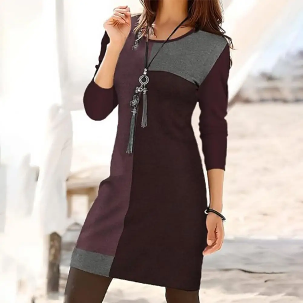 

Women Long Sleeve Dress Geometric Round Neck Spring Dress for Women Loose Pullover Mini Dress with Color Matching Soft Fabric