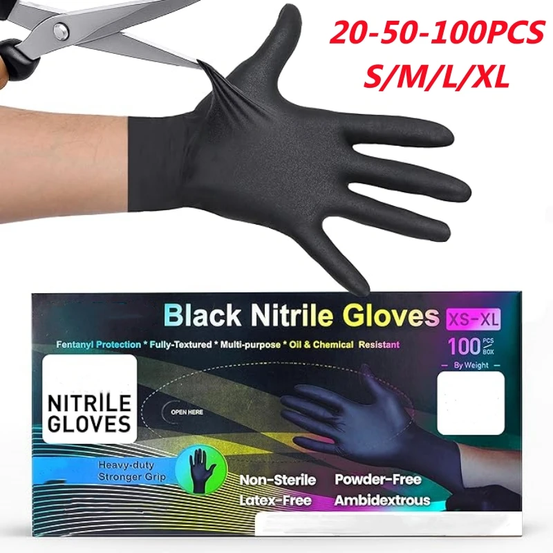 20-50-100PCS Black Nitrile Gloves Disposable Thick Powder Free Cleaning Gloves Textured Kitchen Household Mechanic Tattoo Gloves
