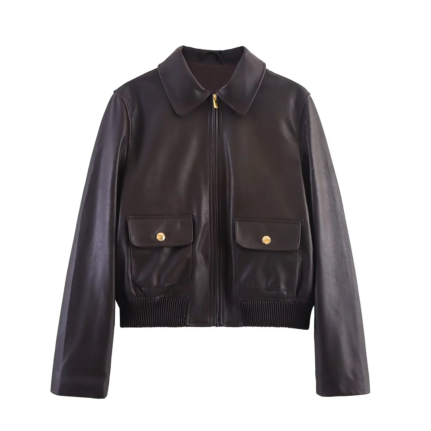 

Women'S Turn-Down Collar Short Leather Jacket Autumn And Winter New Retro Zipper Coat Pocket Decoration Long Sleeves Outerwear