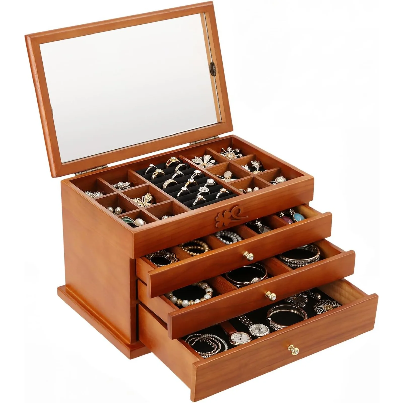4-Layer Vintage Wooden Jewelry Box with Mirror & 3 Drawers, Large Capacity Jewelry Storage Organizer Case for Women