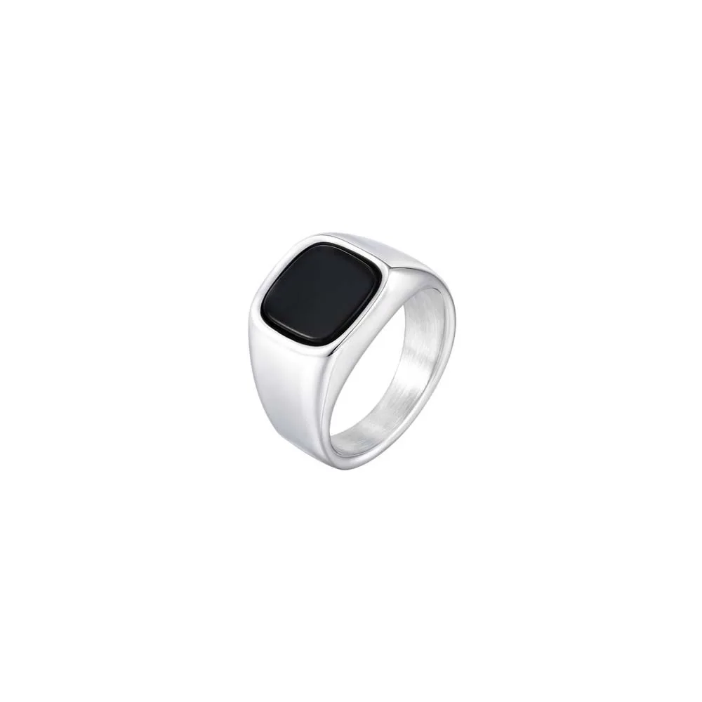 

High-end Square Black Stone Square Ring Jewelry Stainless Steel Retro Black Rings Personality Metal Glass Stone Rings Party