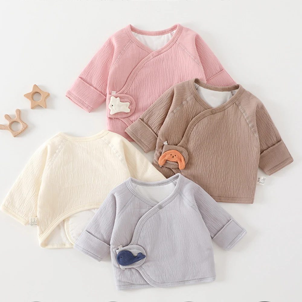 

Топы с длинными рукавами для маленьких девочек, стеганые теплые осенне-зимние рубашки для новорожденных мальчиков, однотонная одежда для больниц для детей 0–3 месяцев