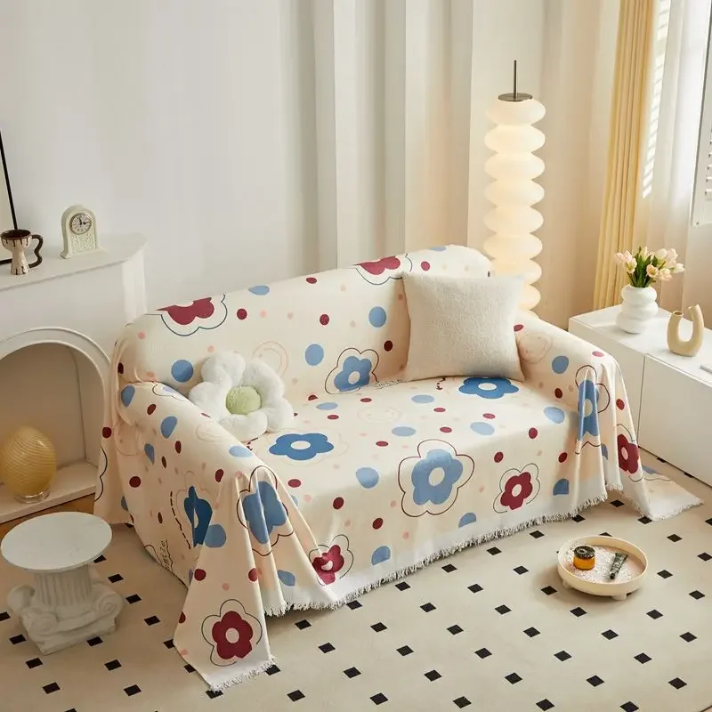 Cartoon Printed Sofa Towel with Tassels Lovely All-Cover Anti Cat Scratch Sofa Blanket Easy Care Recliner Cover for Living Room
