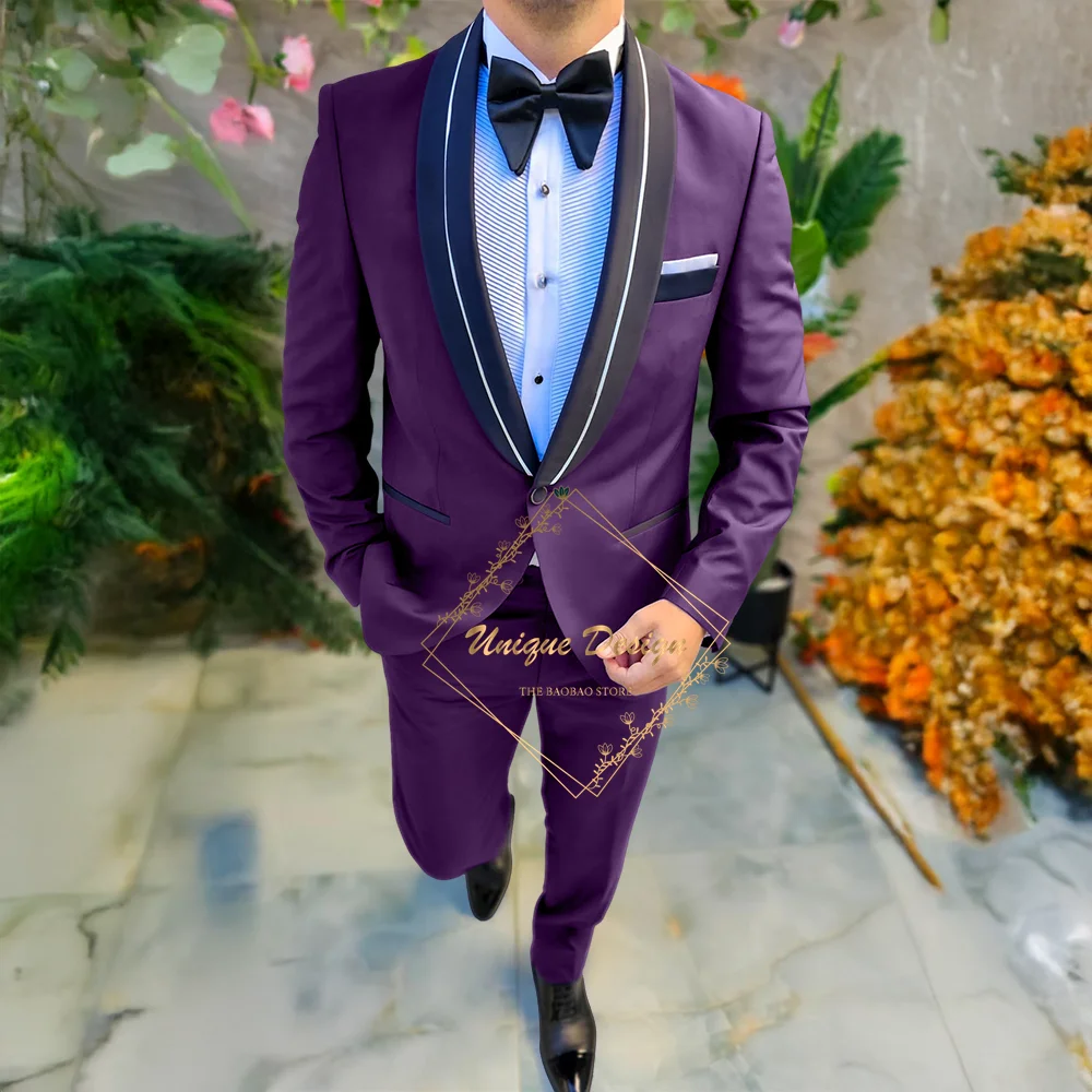 

Elegant Purple Men's Suit 2-piece Black Shawl Lapel Blazer Pants Tailored Set for Wedding Groom Godfather Ceremony Party Tuxedo