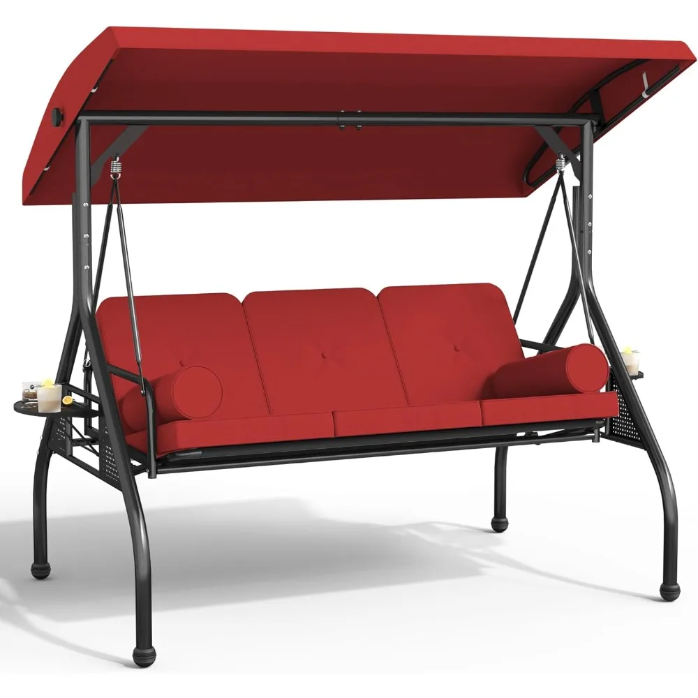 

3-Seat Patio Porch Swing with Adjustable Tilt Canopy, Outdoor Bench Swing with Removable Cushions, Cup Holder and Pillow for Ga
