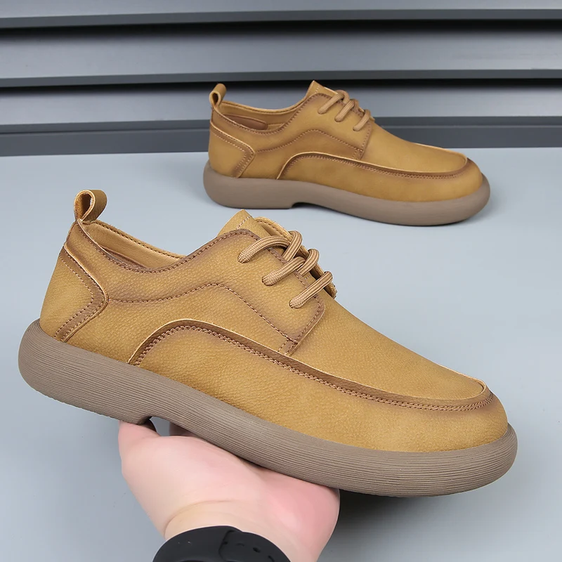 Fashion Men's Yellow/khaki Hollow Breathable Business Casual Leather Shoes Brand Men's Outdoor Comfortable Wear-resistant Shoes