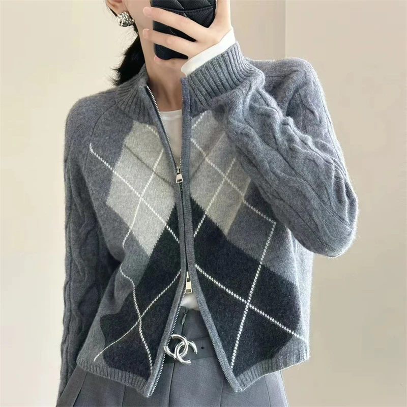 Women Cable 100% Merino Wool Cardigan Blocking Color Mock Neck Diamond Pattern Zipper Autumn Winter Clothing Comfortable Top