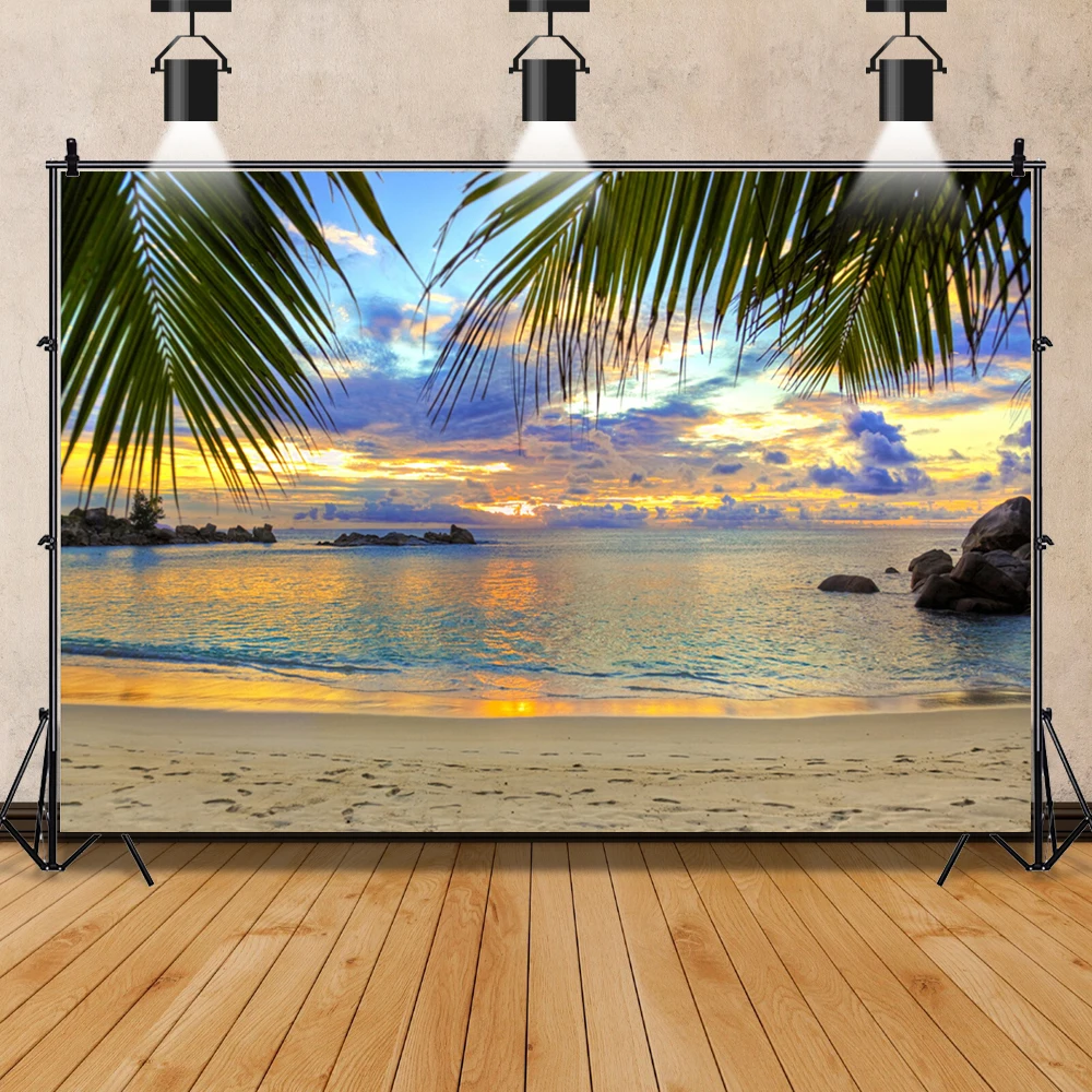 Laeacco Tropical Summer Sea Backgrounds Beach Sand Blue Sky Cloudy Scenic Photo Background Photography Backdrops Photo Studio
