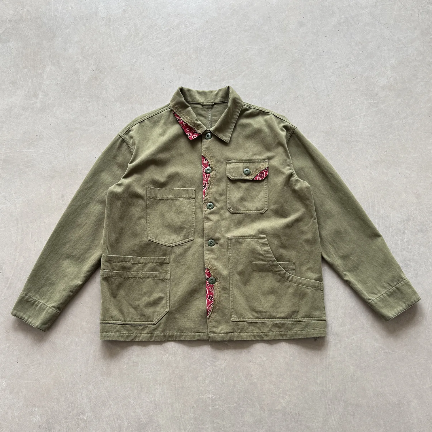 American Retro Paisley Patchwork Multi-Pocket Workwear Jacket Lapel Collar 100% Cotton Casual Outdoor Safari Coat for Men