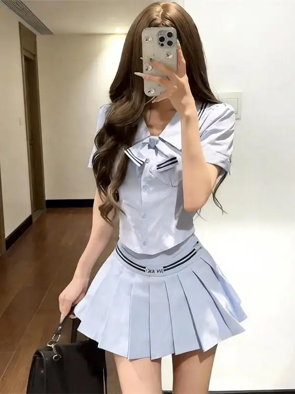 

Korean Style Anti-Aging School Uniform Doll Collar Short Sleeve High Waist Pleated Skirt Two-Piece Set Women Summer Outfit
