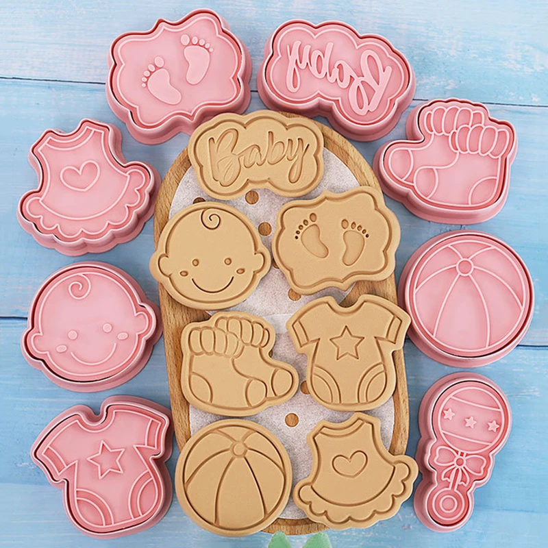 8Pcs/Set DIY Baby Theme Cartoon Cookie Embosser Cutters 3D Baby Shower Rattles Ball Clothes Feet Skirt Socks Biscuit Mould Tools