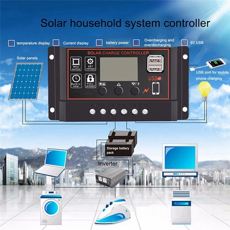 100A Solar Charge Controller Solar Panel Controller 12V 24V LCD Display Solar Panel Battery Regulator with USB Port