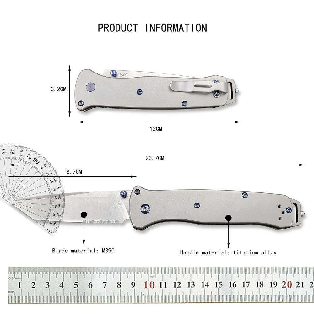 Titanium Alloy Handle BM 537 Bailout Folding Pocket Knife M390 Blade Utility Tactical Knives Outdoor Camping Hunting EDC Tool