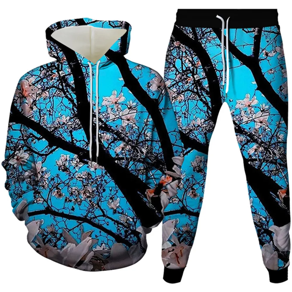 

Lightning Universe Galaxy Tree Forest Road Sakura Plum Blossom Harajuku Style Men Clothes Suits Hoodies Sweatpants 2Pcs Sets 6XL