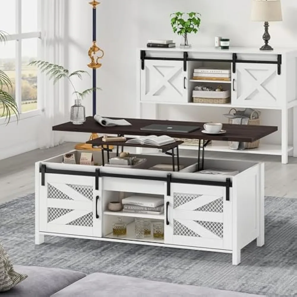 

47.2" Lift Top Coffee Table, 4 in 1 Farmhouse Coffee Table with Storage and Sliding Barn Doors, Coffee Tables for Living Room,