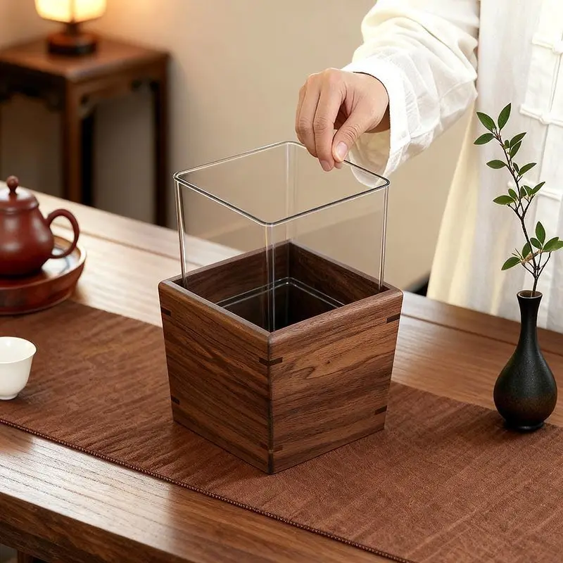 North American Black Walnut Solid Wood Desktop Trash Can Household Chinese Tea Room Waste Bin Living Room Mini Paper BasketZJ340