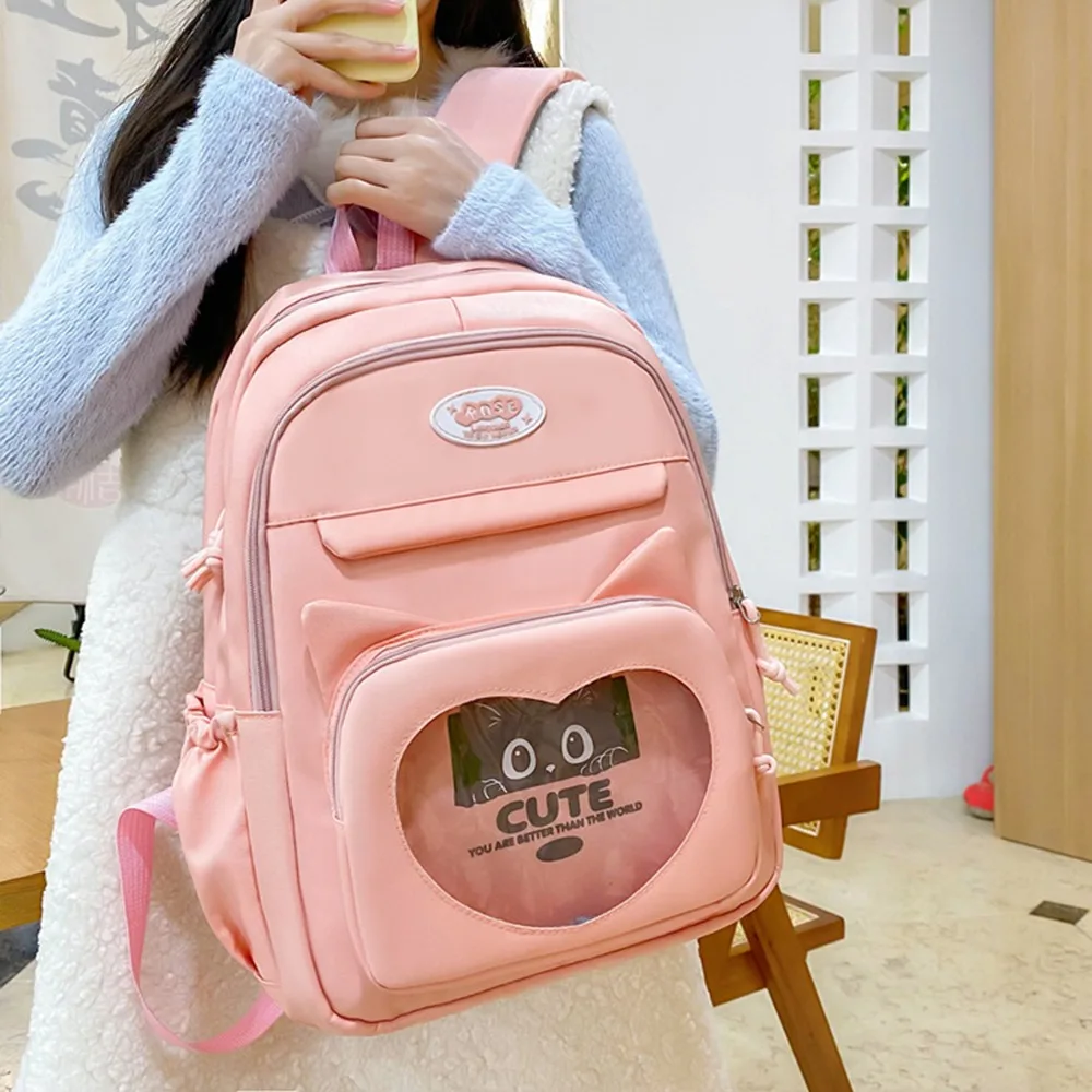 

3pcs/set Nylon Transparent School Backpack Waterproof Pencil Bag Students Ita-bag Casual Badge Display Cute Cat School Bag Set
