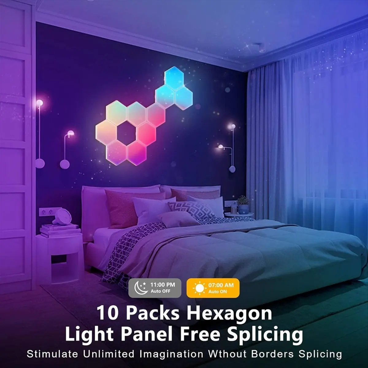 RGB Smart Light Board Hexagonal Lamp Indoor Atmosphere Wall Lamp Voice Control APP Night Light for Game Room(B)