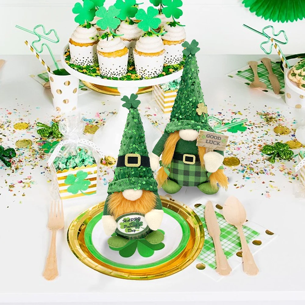 Gnomos de trébol de felpa de 2 piezas, juguete con sombrero, Mini figura enana de trébol, felpa creativa, adorno enano sin rostro, regalos del Día de San Patricio