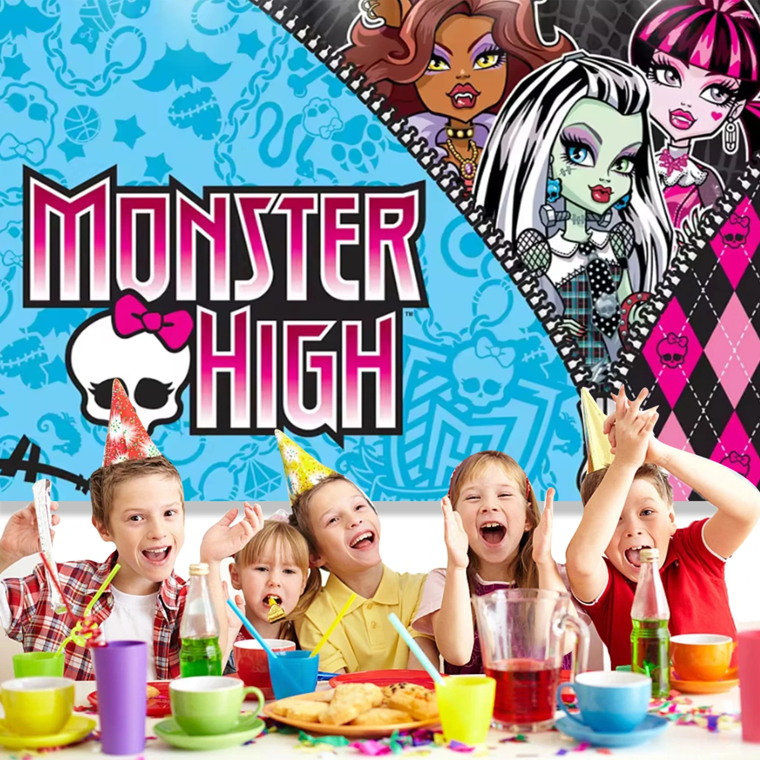 Cute Monster Spirit High School Doll Theme Cartoon Background Birthday Party Decoration Flag Set Balloon Baby Party Girl Gift