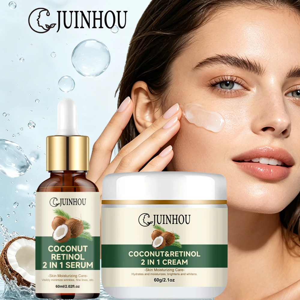 Juego de Crema Facial y Suero Hidratante con Aceite de Coco JUINHOU, Contiene Aceite de Coco, Retinol y Colágeno, Ilumina la Piel, Hidratación Profunda