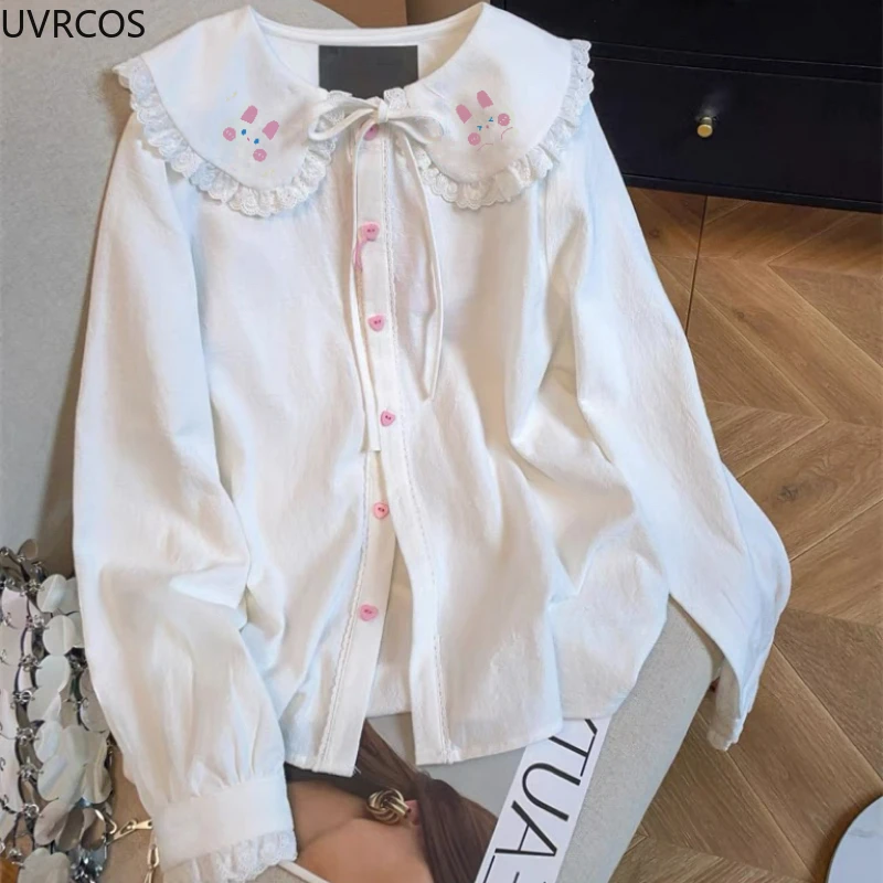 Japanese Preppy Style White Shirt Women Kawaii Bunny Embroidery Lace Peter Pan Collar Lolita Blouse Sweet Loose Blusas Mujer Top