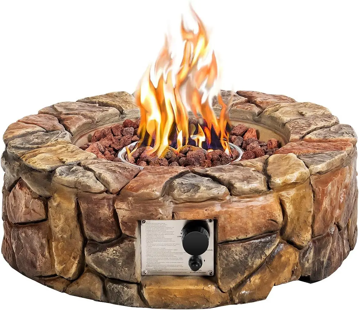 Gas Fire Pit, 28 Inch 40,000 BTU Propane Fire Pit Outdoor w/Natural Stone, Cover, ETL Certification, Stainless-Steel Gas Burner