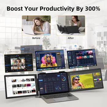 Amoudo 14吋雙螢幕筆記型顯示器,1920*1080P IPS 便攜式三螢幕顯示器,附 USB-C 接口,適用於 14-16.5 吋筆記型電腦,相容於 Windows/Mac 和 Xbox 系統。 7 最佳銷售 便攜式螢幕顯示器 - №6