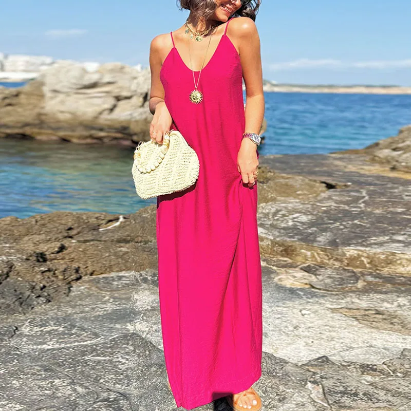 Summer Fashion Solid Sleeveless Long Dress Sexy Sling V Neck Boho Dresses For Women Casual Holiday A-Line Backless Beach Dresses