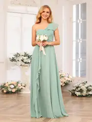 One-Shoulder Chiffon Bruidsmeisje Jurken Lange A-Line Bruiloft Guest Jurken Met Split Side Ruches Avond Prom Party Jurk