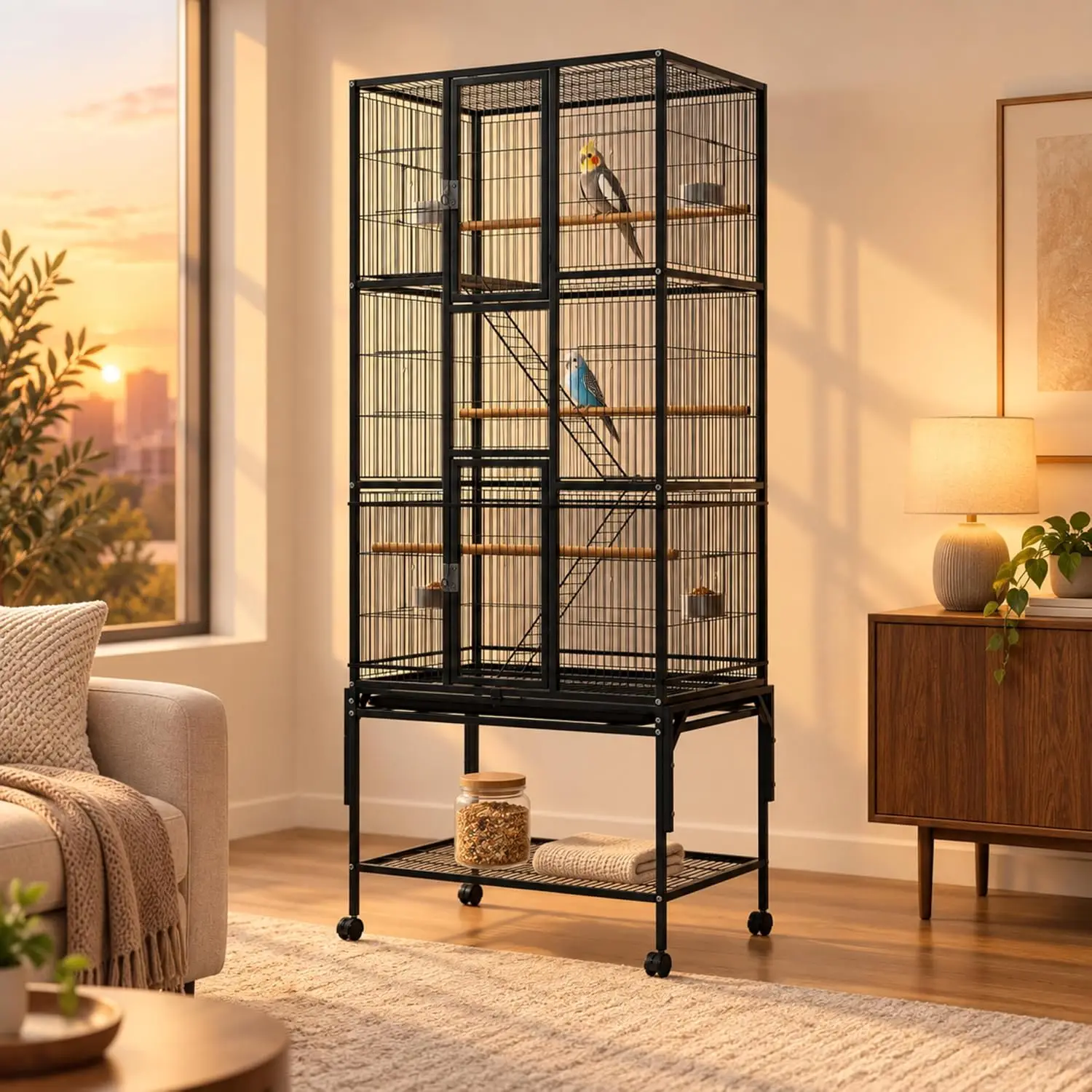 Metal Bird Cage for Parakeets, Extra-Large 69-Inch Design with Dust Cover