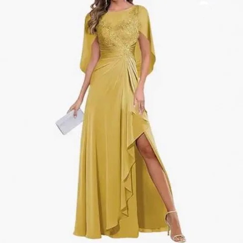 QMANSHA Maßgeschneidertes Abendkleid in Übergröße mit Schalärmeln, Spitze, figurbetontem Schnitt, Rüschen, Chiffon, hohem Schlitz, Hochzeitskleid, Partykleider – Detail 7