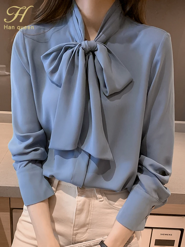 H Han Queen Spring Autumn Simple Office Lady Blouse Female Shirt Bow Tops Long Sleeve Casual Korean OL Style Loose Blouses Women