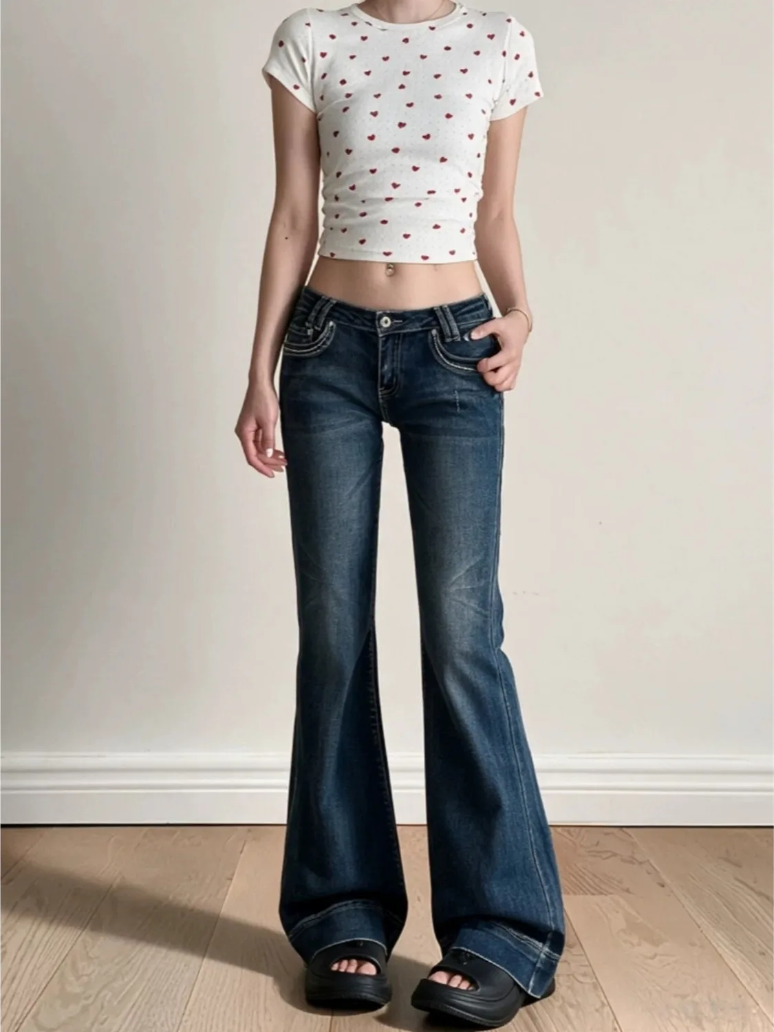 Retro Washed Low Waist Bell Bottom Jeans Women's plus Size Faded Slimming Stretchy Floor Length Pants Ladies Denim Jeans