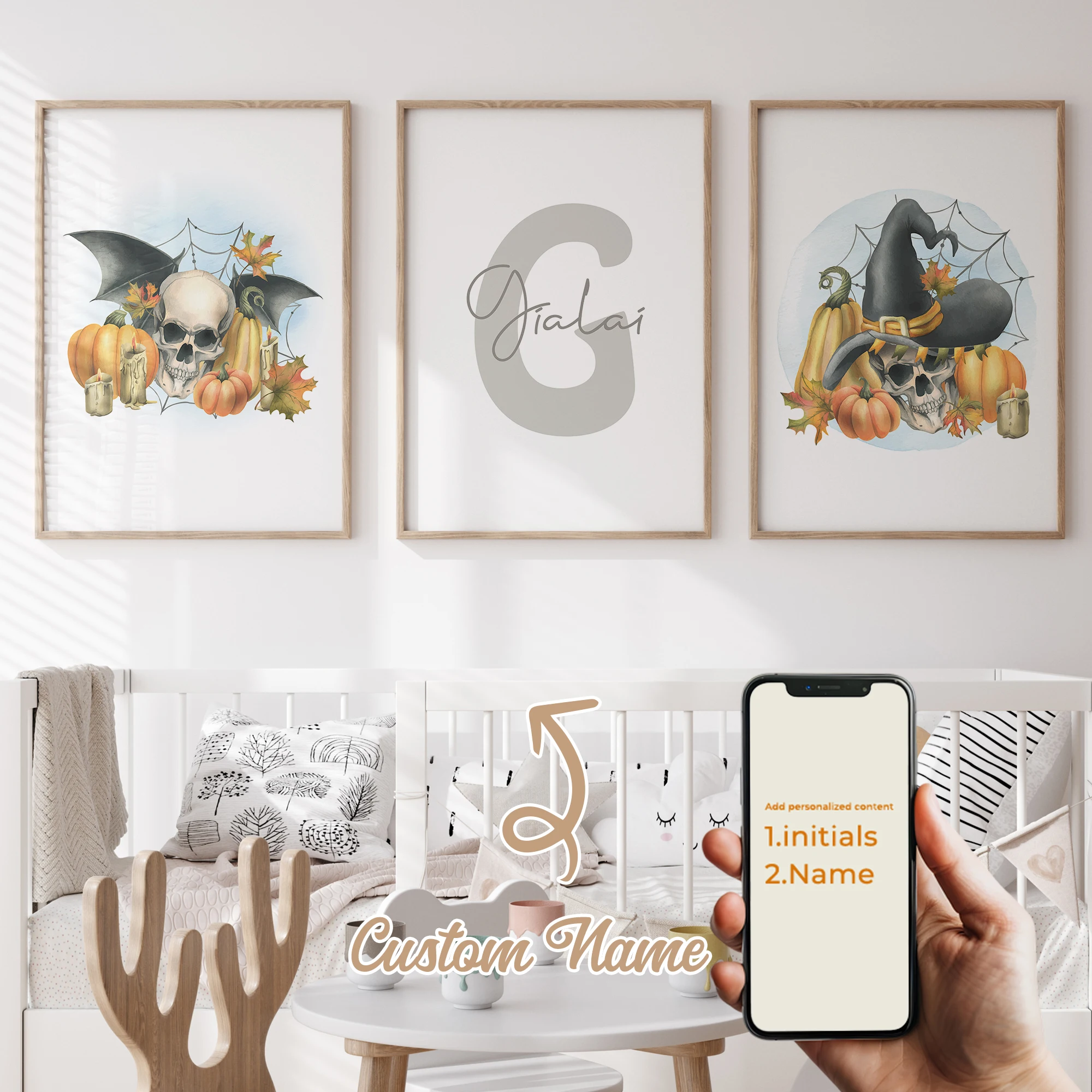 

3Pcs Personalized Custom Name Witch Bat Wall Art Printmaking Canvas Painting Poster Picture For Halloween Living Room Home Decor