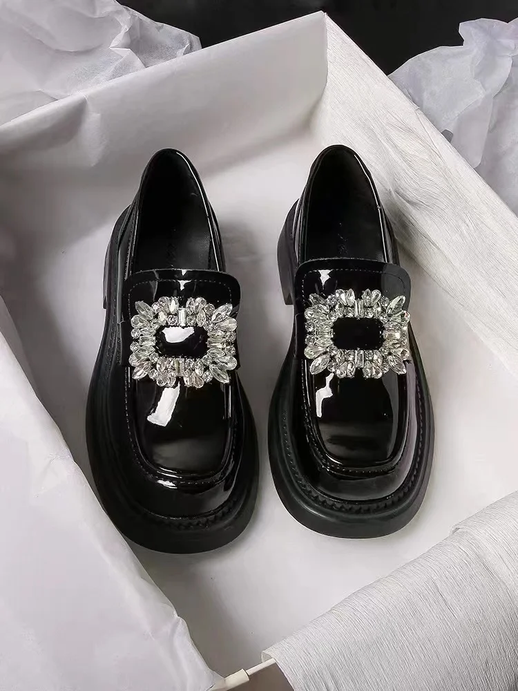 

Spring Autumn Patent Leather British Style Loafer Shoes Rhinestones Diamond Thick-Soled Shallow Shoes Women's Pumps Casual Shoes