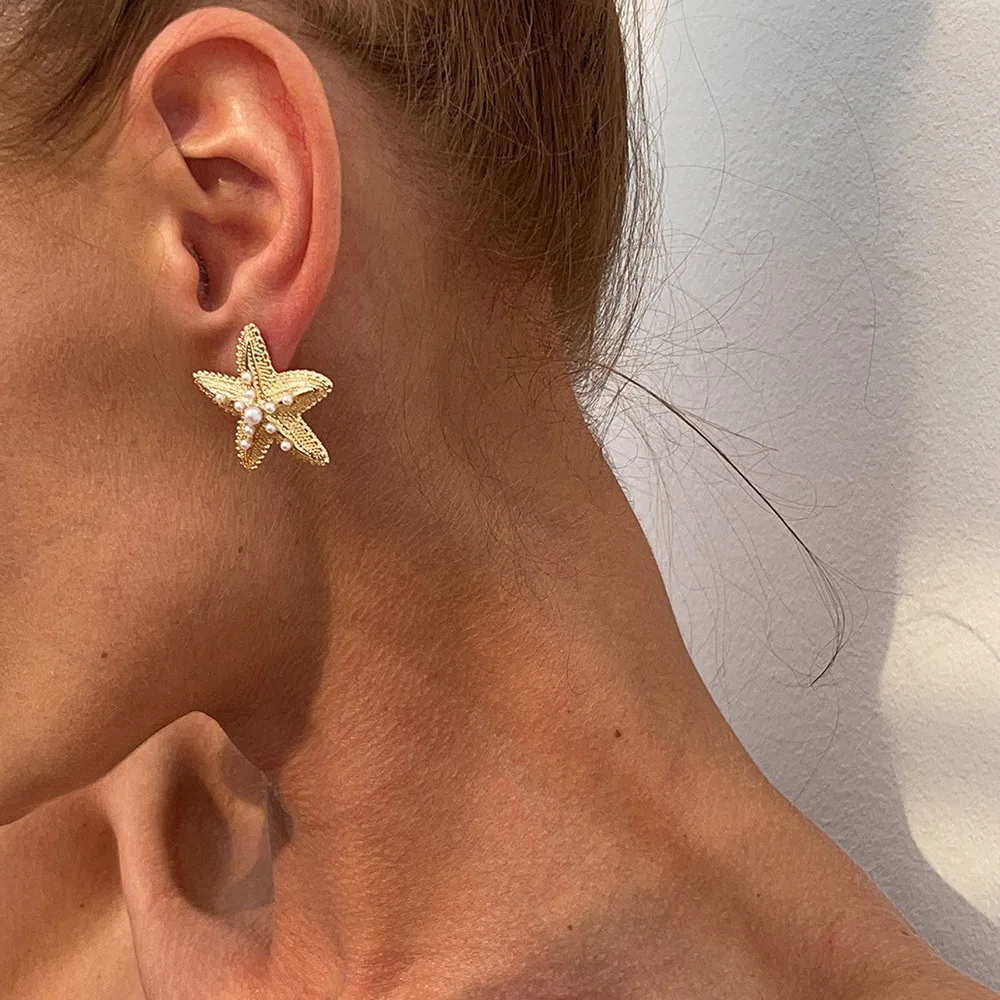 Trendy Gold Color Simulated Starfish Pendant Earrings for Women Exquisite Small Star Pearl Earring Summer Beach Daily Jewelry