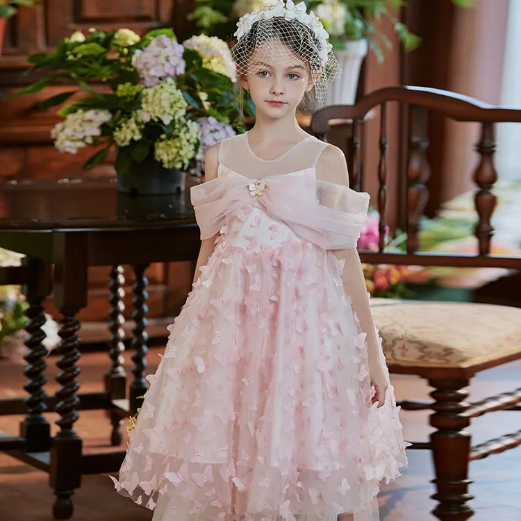 Butterfly Girl Off Shoulder Party Dress 11 Elegant Summer Knee Length Sweet Solid Color Tulle Princess Dresses robe fille enfant