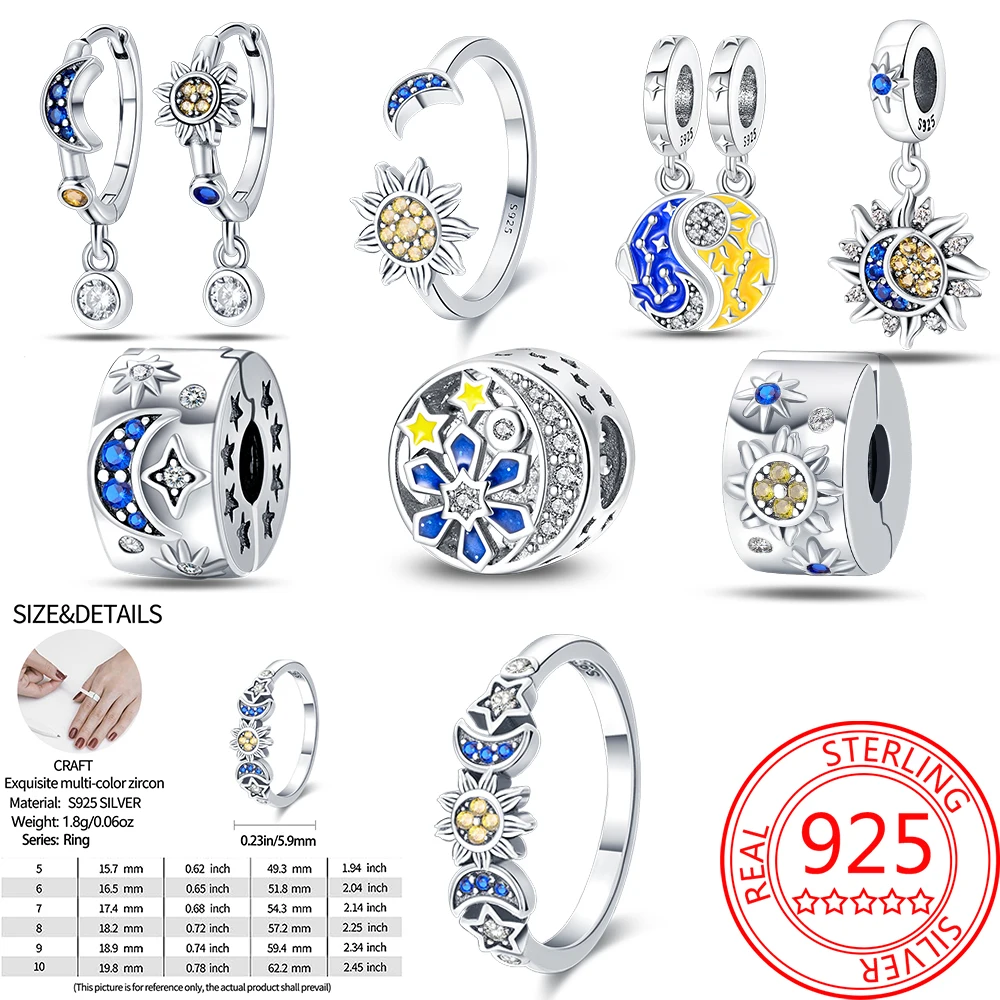 

Starry 925 Sterling Silver Star Moon Sun Pattern Charm&Rings&Earrings Suitable for ladies' gatherings New Zircon Jewelry