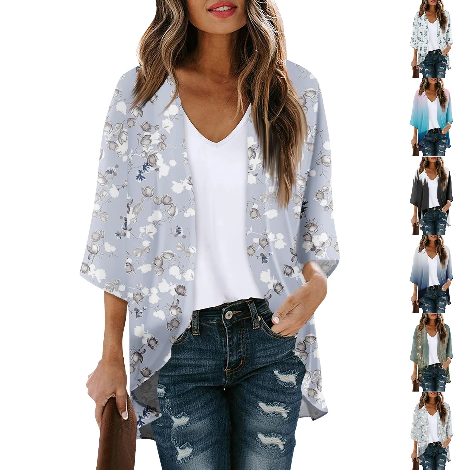 Floral Cardigans Womens Print 3/4 Sleeve Chiffon Cardigan Loose Cover Up Casual Blouse Tops Women Holiday Kimono Cape