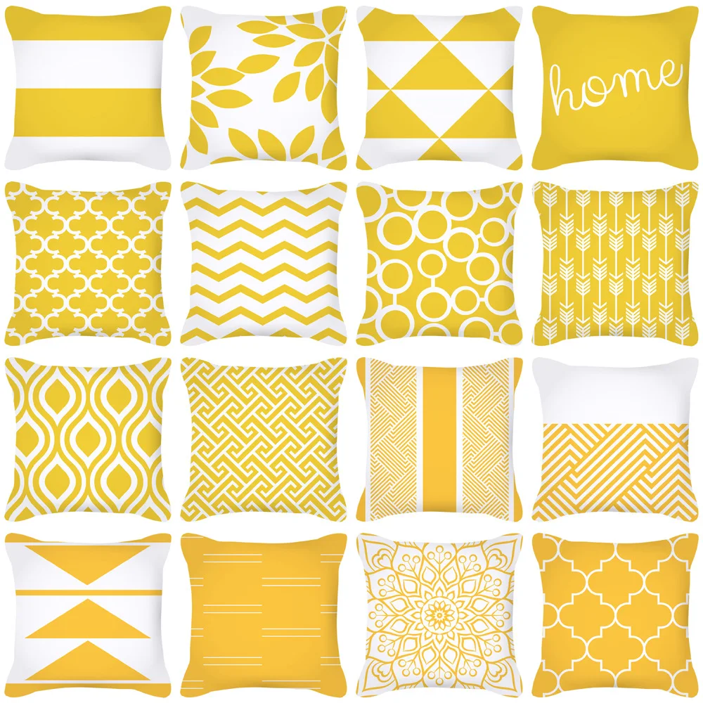 Yellow Geometric Stripe Sofa Cushion Cover Flower Pattern Decorative Throw Pillow  Nordic Style Home