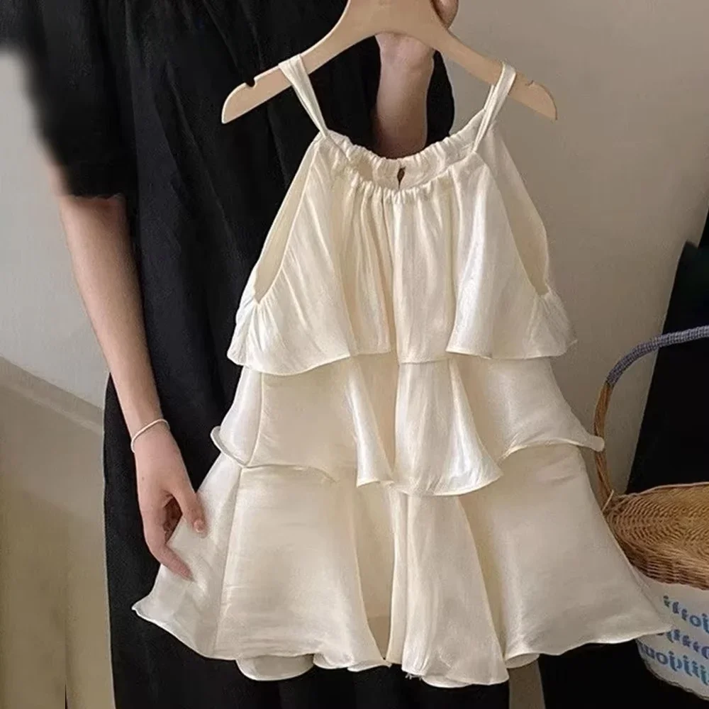

Summer Casual Solid Color Camisole Girls' Dress Wrinkled Sleeveless Patchwork Cake Princess Dresses Sweet Children's Clothing
