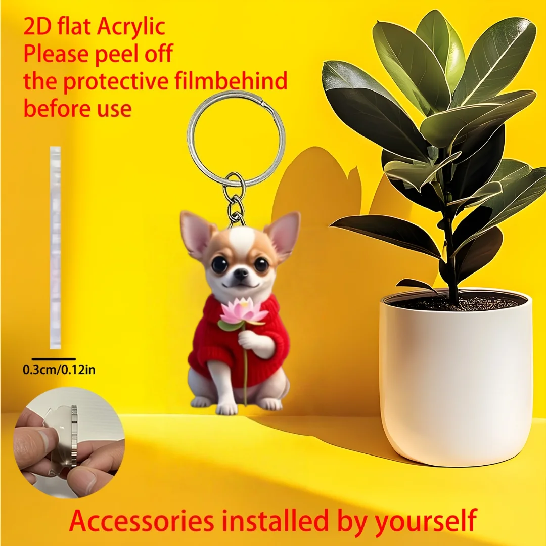 Lindo Llavero de Chihuahua con Suéter Rojo, Colgante Acrílico 2D, Accesorio para el Hogar, para Mochilas, Carteras, Regalos para Amigos, Cumpleaños, Fiestas