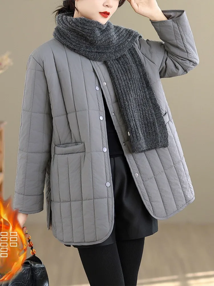 

Высококачественная тонкая хлопковая теплая куртка с круглым вырезом для женщин, зимняя, больших размеров, скрывающая недостатки фигуры, утепленная хлопковая одежда