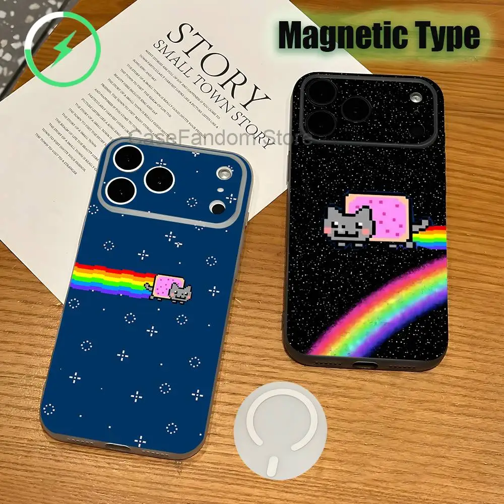 

N-Nyan Cat For iPhone 17,16,15,14,13,12,11,Pro,Max,Plus Magnetic Wireless Charging Transparent White Phone Case