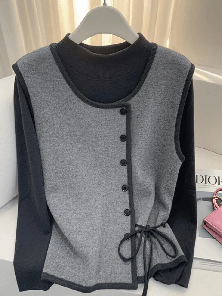 Early Autumn Korean Style Short Vest Fashionable Atmosphere Beautiful Unique Stylish Top Quality Knitted round Neck Sweater